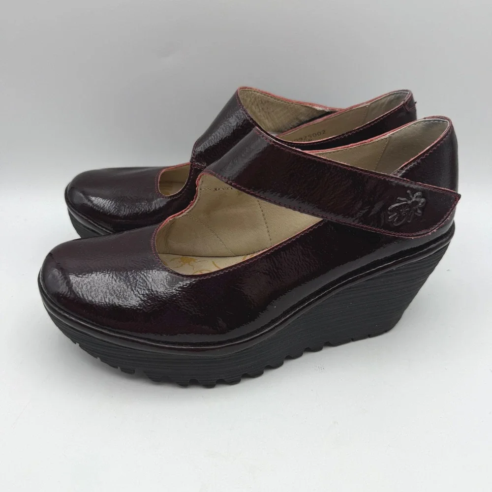 Fly London Wedge Pumps Women EU 37 US 6.5-7 Burgundy Patent Leather Mary Jane